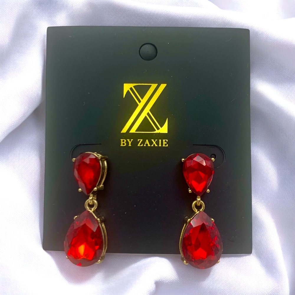 By Zaxie Gold Plated & Red Chunky Rhinestone Teardrop Costume Jewelry Earrings - Picture 3 of 4